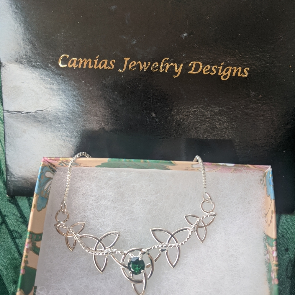 Celtic Trinity Knot Emerald Necklace in Sterling S